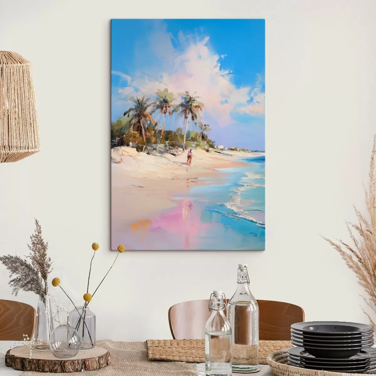 carta da parati Paesaggio astratto, una spiaggia con palme, una giornata di sole splendente con cielo azzurro e qualche nuvola nr. s46284