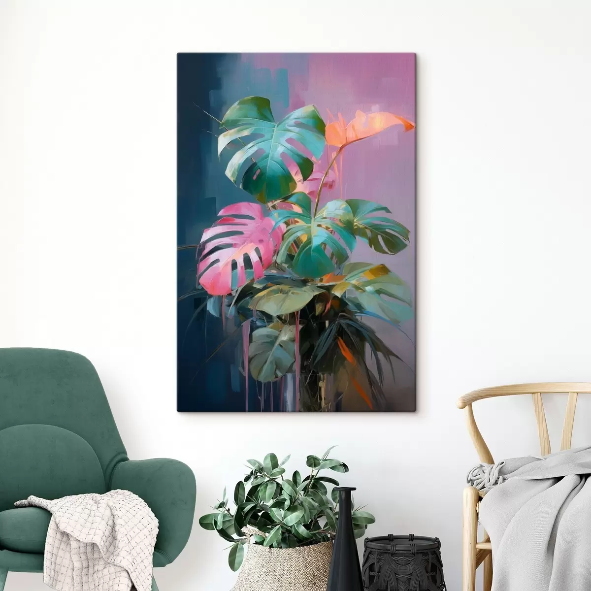 carta da parati Pianta astratta di monstera con foglie rosa e verdi, colori vivaci, su sfondo sfocato nr. s46287