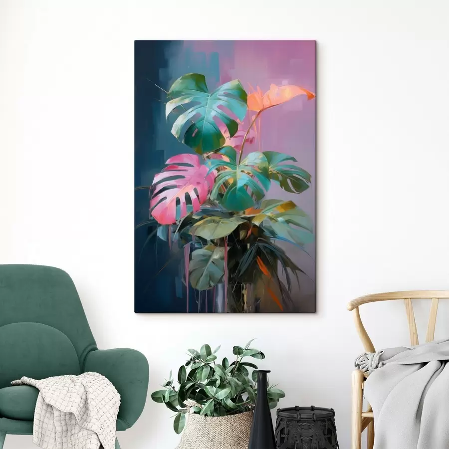 carta da parati Pianta astratta di monstera con foglie rosa e verdi, colori vivaci, su sfondo sfocato nr. s46287