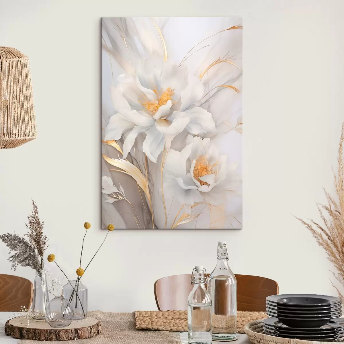 carta da parati Fiori bianchi con pistilli e steli gialli, petali delicati, composizione elegante, sfondo neutro nr. s46293