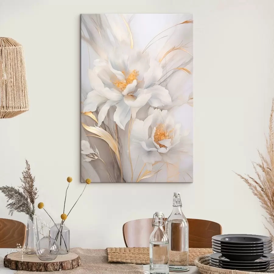 carta da parati Fiori bianchi con pistilli e steli gialli, petali delicati, composizione elegante, sfondo neutro nr. s46293