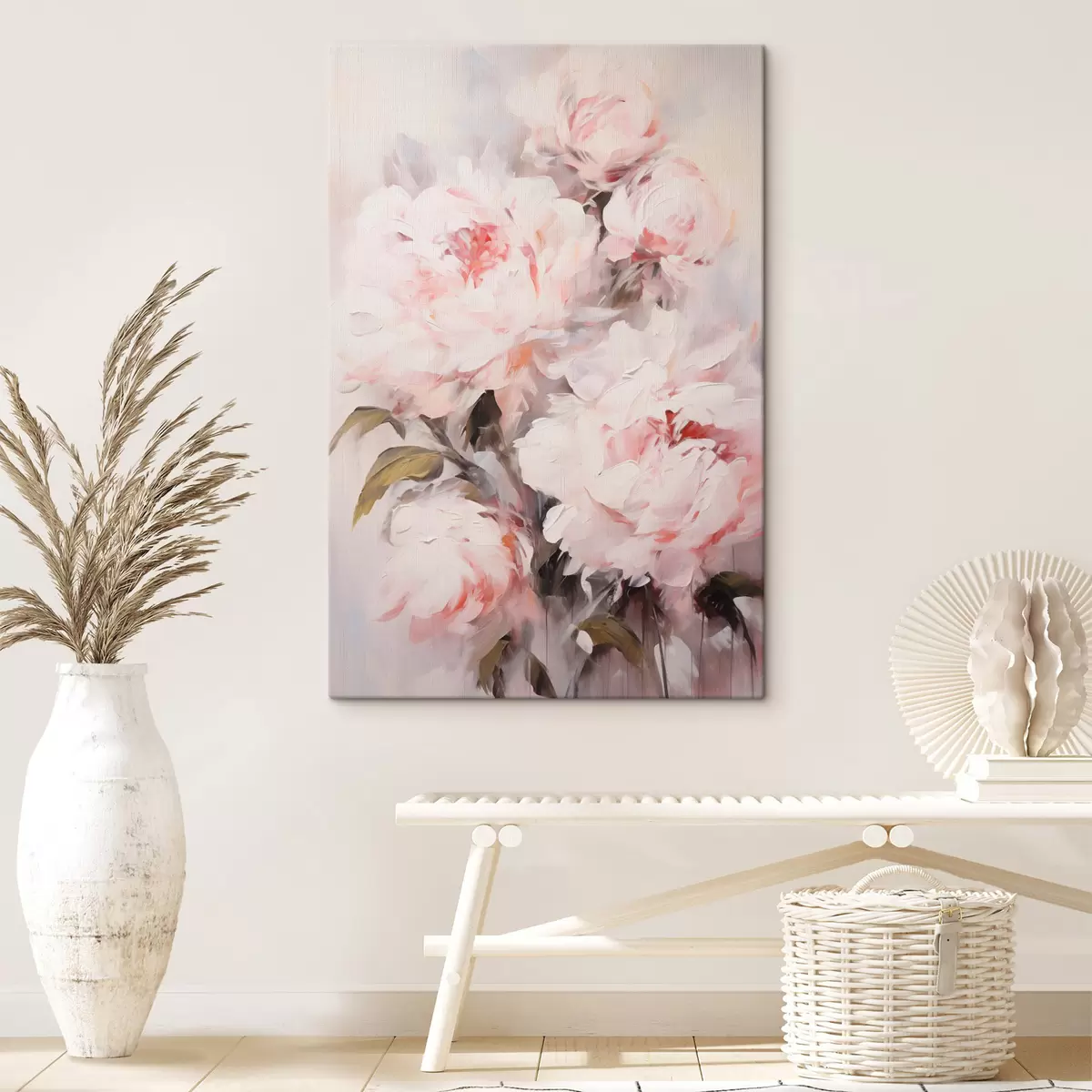 carta da parati Un bouquet di peonie rosa chiaro con foglie verdi, pennellate morbide, colori pastello, su uno sfondo chiaro nr. s46294