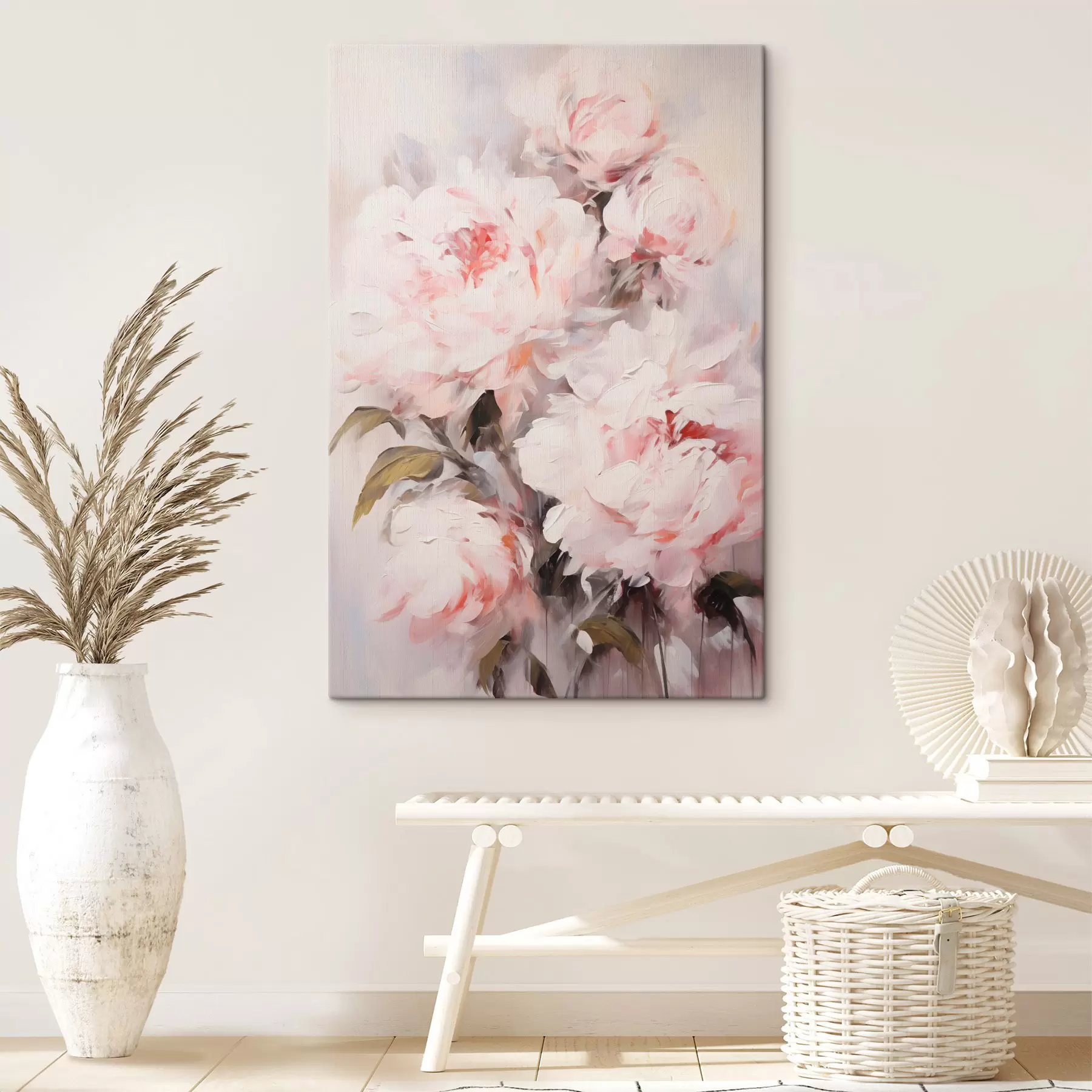 carta da parati Un bouquet di peonie rosa chiaro con foglie verdi, pennellate morbide, colori pastello, su uno sfondo chiaro nr. s46294