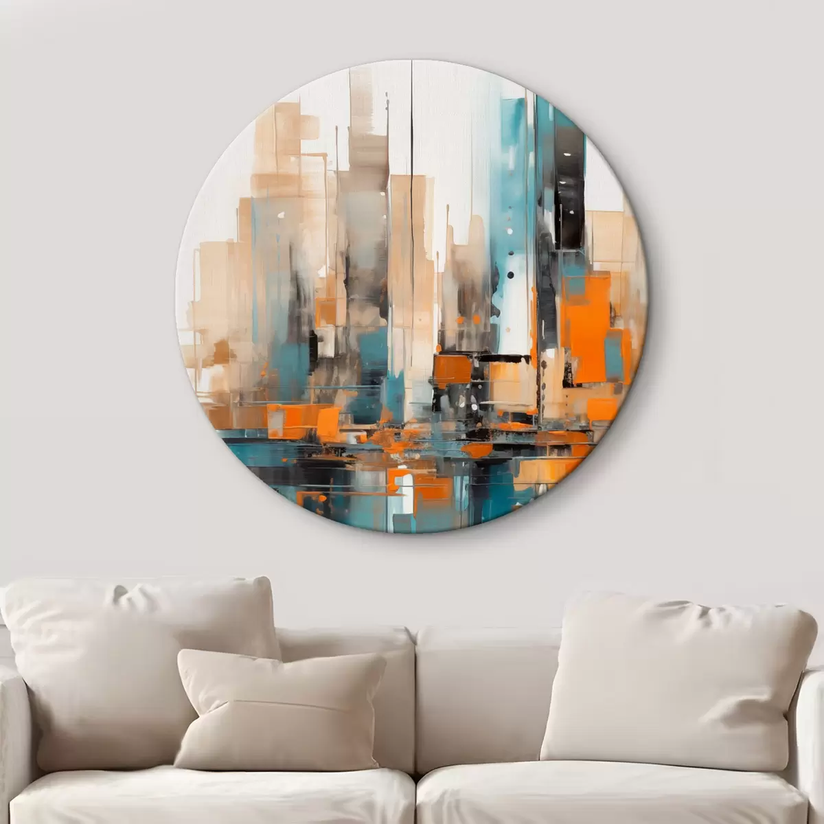 Quadri rotondi Paesaggio urbano astratto con pennellate verticali arancioni, verde acqua e marroni e forme geometriche r46266