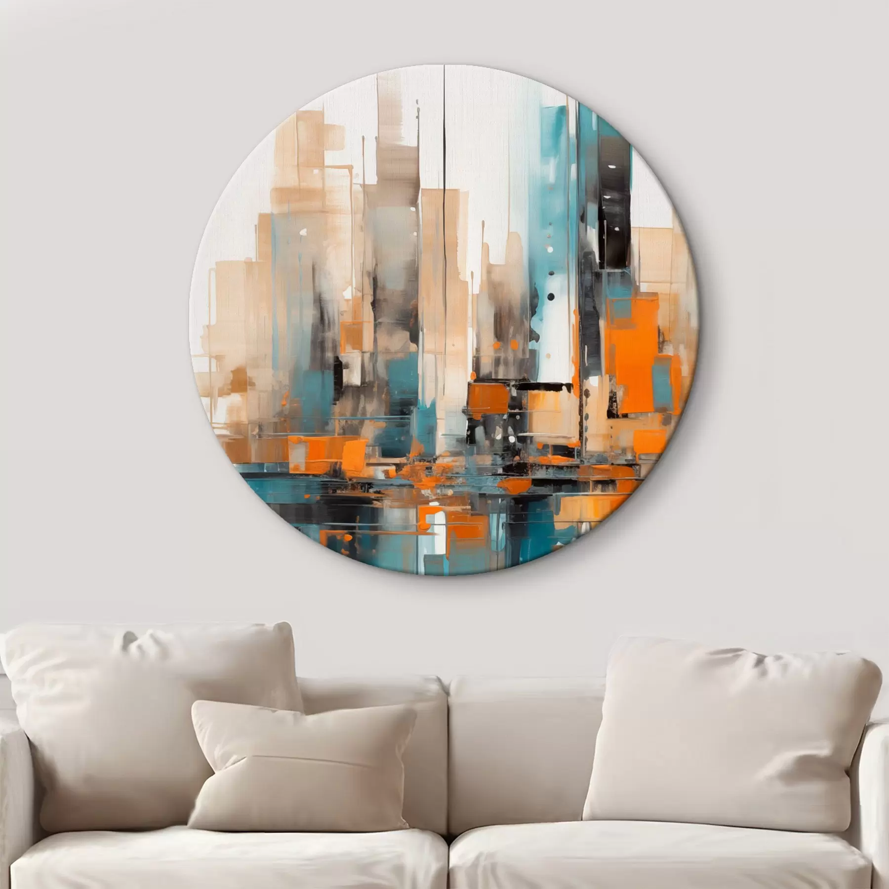 carta da parati Paesaggio urbano astratto con pennellate verticali arancioni, verde acqua e marroni e forme geometriche nr. r46266