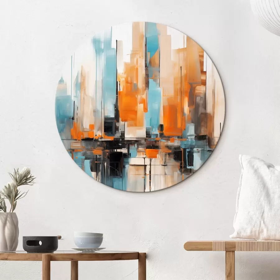 carta da parati Paesaggio urbano astratto con pennellate verticali nei toni dell'arancione, del blu e del bianco, stile pittorico nr. r46267