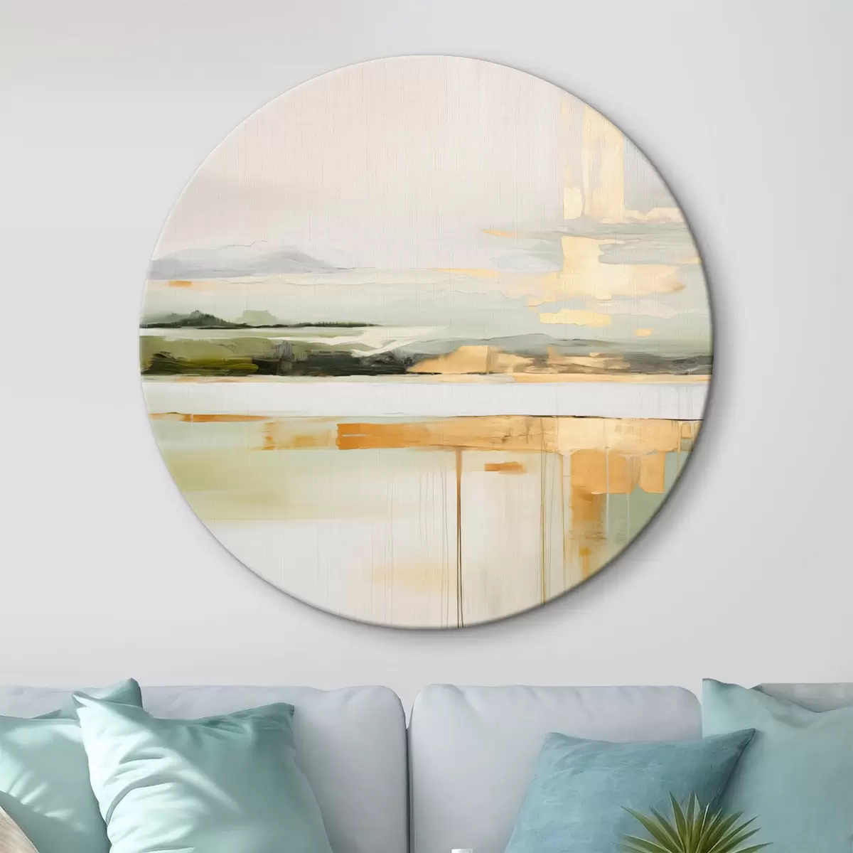 Quadri rotondi Paesaggio astratto con accenti gialli, una composizione minimalista di terra, acqua e cielo, con colori tenui r46268