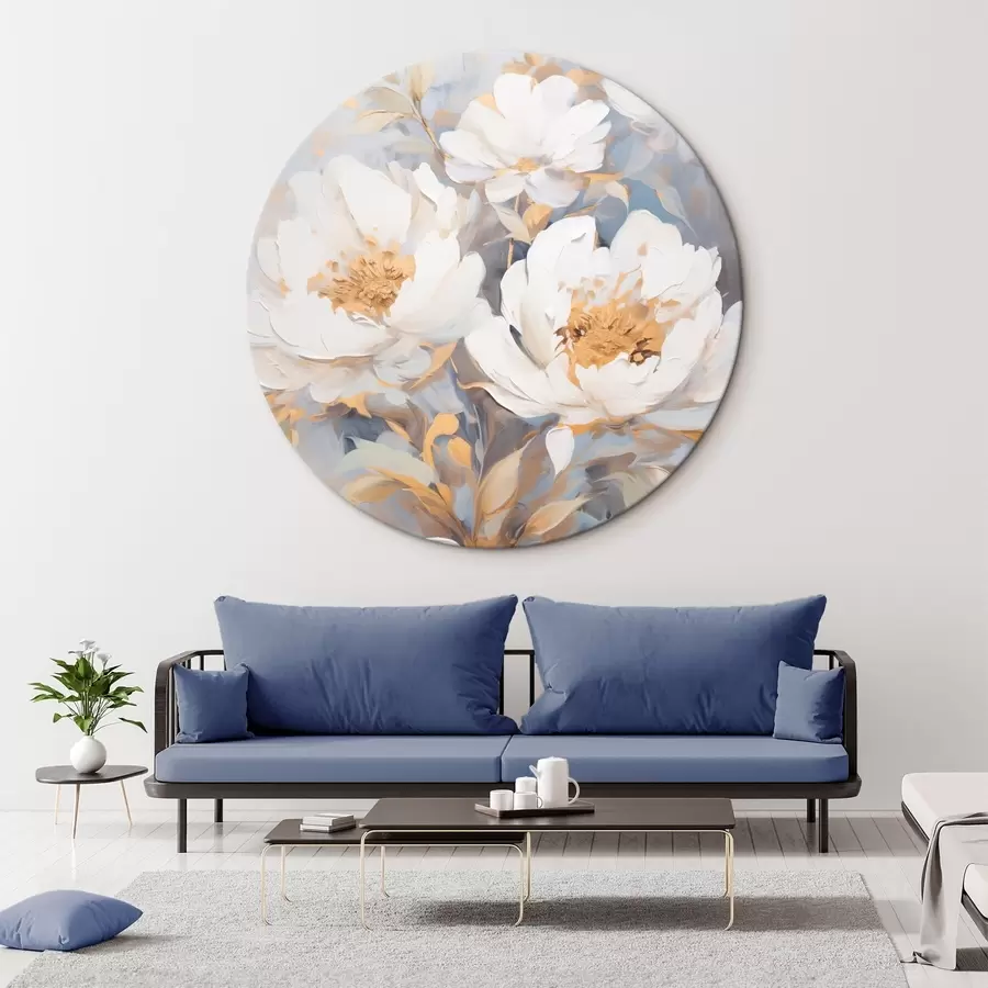 carta da parati Peonie bianche con centro e foglie blu, pennellate morbide, sfondo azzurro, composizione floreale nr. r46270