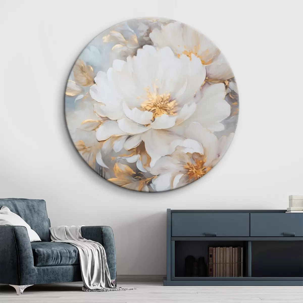 Quadri rotondi Peonie bianche con centro e foglie blu, pennellate morbide, sfondo azzurro, composizione floreale r46271