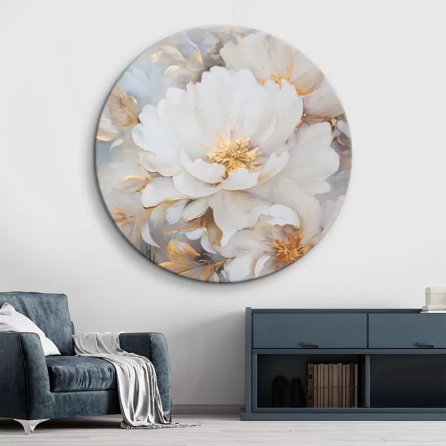 carta da parati Peonie bianche con centro e foglie blu, pennellate morbide, sfondo azzurro, composizione floreale nr. r46271