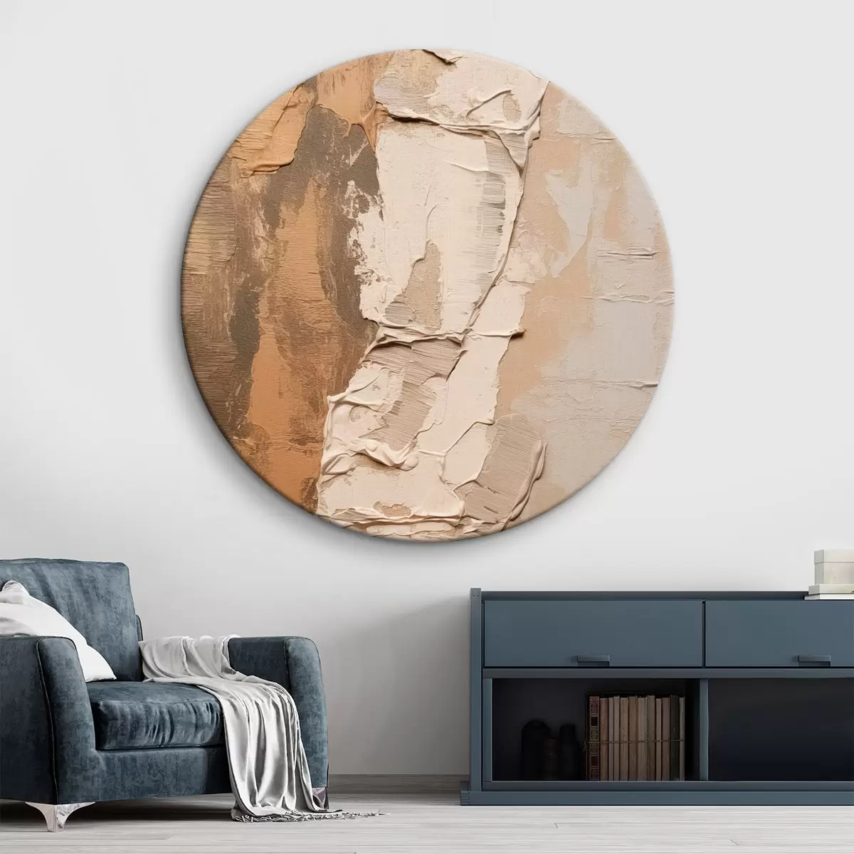 Quadri rotondi Pittura astratta con pennellate spesse, tonalità beige e marroni, superficie ruvida, tavolozza di colori neutri r46272