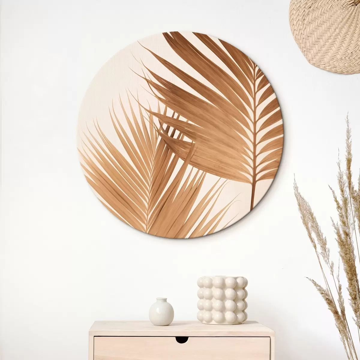 Quadri rotondi Foglie di palma nei toni del marrone, sfondo neutro, stile minimalista, illuminazione naturale, atmosfera tropicale r46274