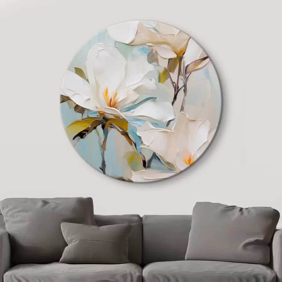 carta da parati Fiori di magnolia bianchi, sfondo azzurro con pennellate morbide, stile pittura a olio, texture impastata nr. r46276