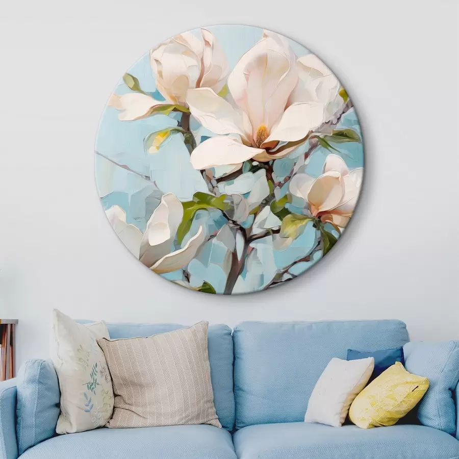 carta da parati Fiori di magnolia bianchi, sfondo azzurro con pennellate morbide, stile pittura a olio, texture impastata nr. r46277