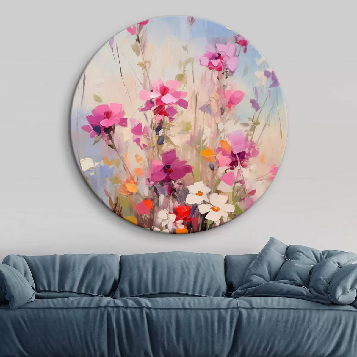 Quadri rotondi Fiori dai vivaci colori rosa, bianco e verde su uno sfondo tenue dai toni pastello r46278