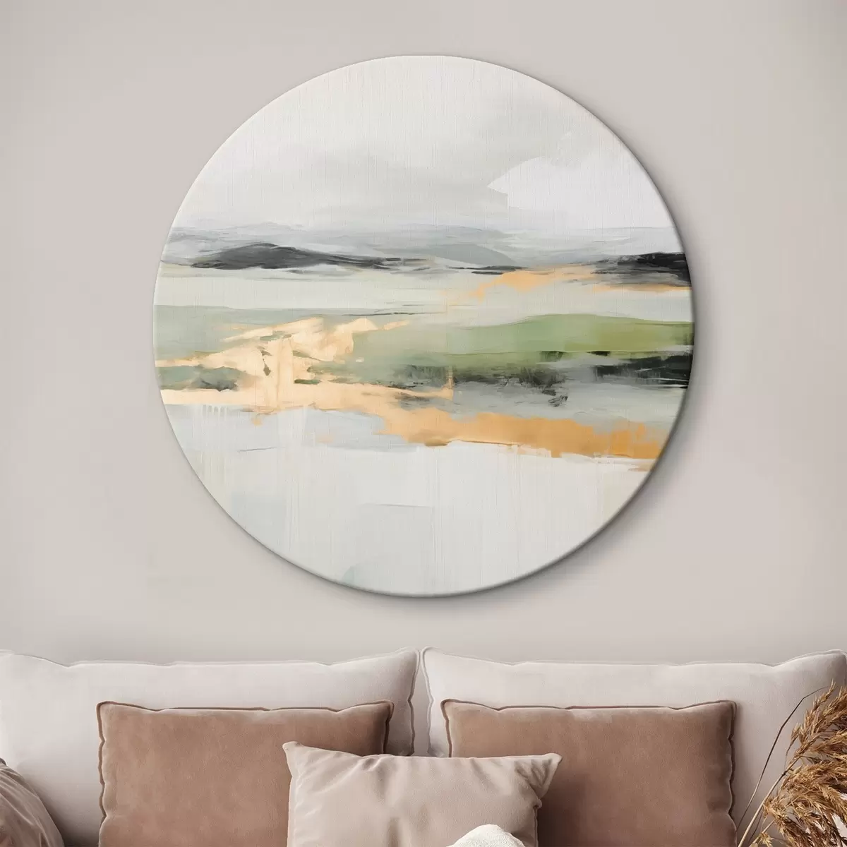 Quadri rotondi Paesaggio astratto con accenti gialli, una composizione minimalista di terra, acqua e cielo, con colori tenui r46269