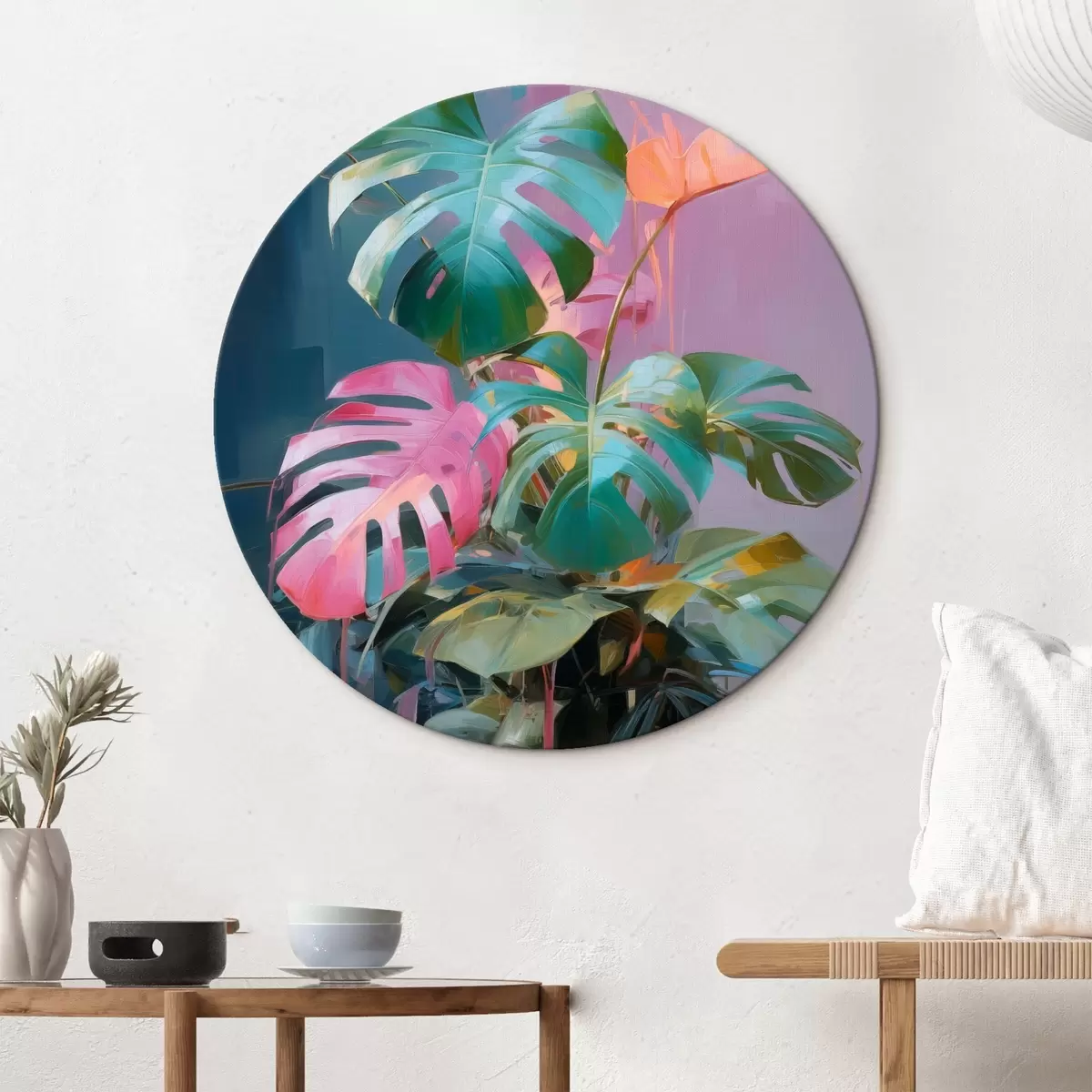 Quadri rotondi Pianta astratta di monstera con foglie rosa e verdi, colori vivaci, su sfondo sfocato r46287