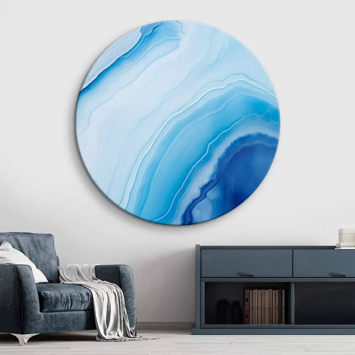 Quadri rotondi Stampa astratta blu e bianco agata, linee e sfumature vorticose, texture liscia, arte moderna, minimalista r46290