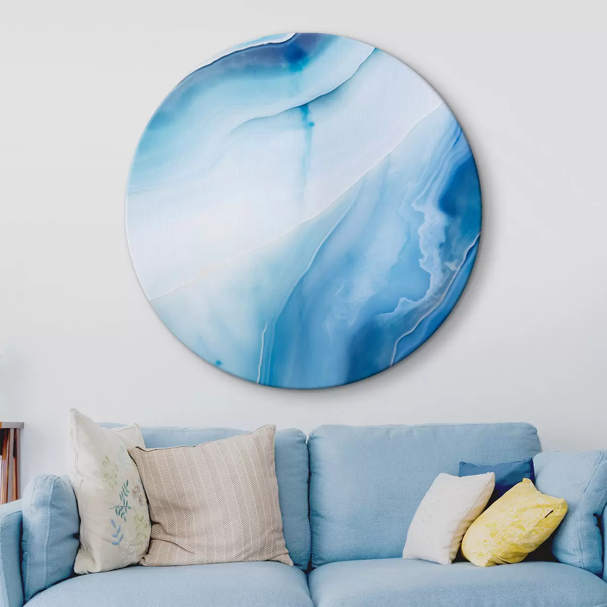 Quadri rotondi Stampa astratta blu e bianco agata, linee e sfumature vorticose, texture liscia, arte moderna, minimalista r46291