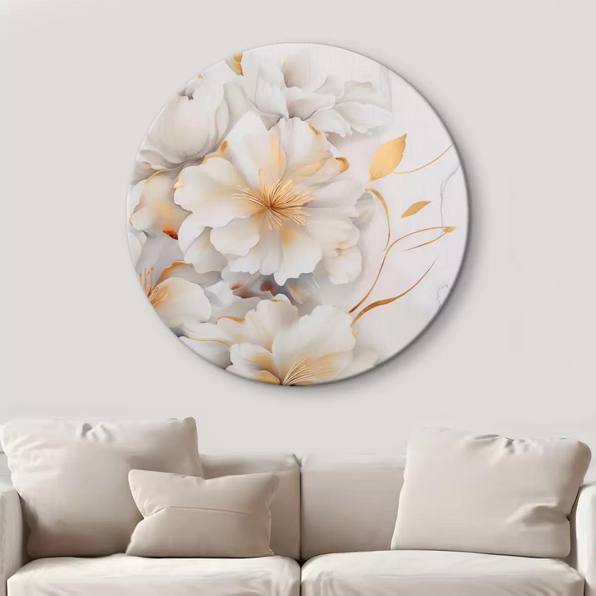 Quadri rotondi Fiori bianchi con dettagli gialli, petali con sfumature delicate, sfondo chiaro con sottile effetto marmorizzato r46292