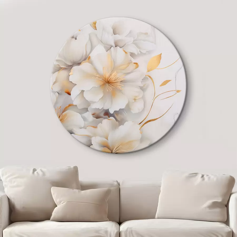 carta da parati Fiori bianchi con dettagli gialli, petali con sfumature delicate, sfondo chiaro con sottile effetto marmorizzato nr. r46292