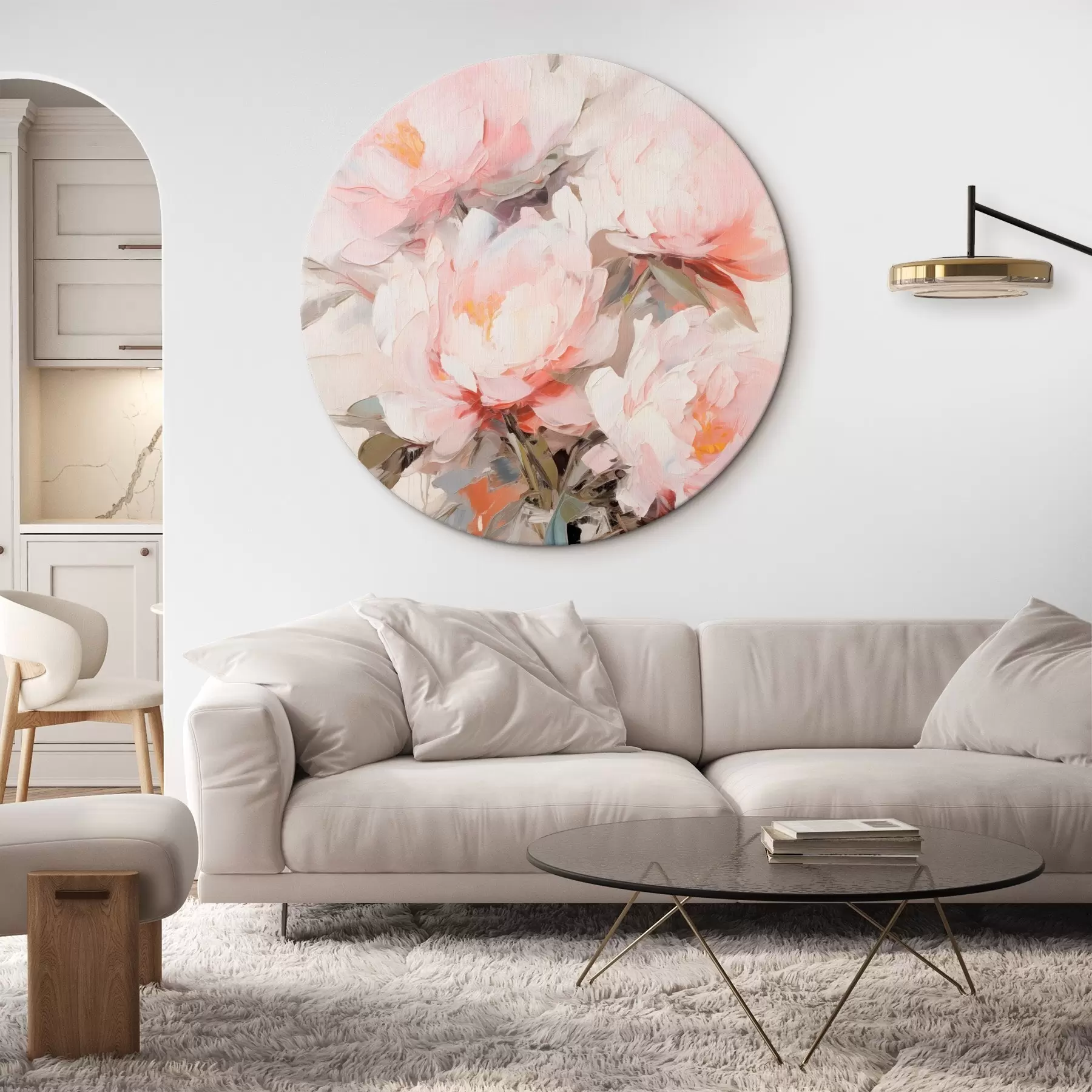 carta da parati Un bouquet di peonie rosa e bianche in un vaso di vetro, pennellate morbide, colori pastello, sfondo neutro nr. r46295