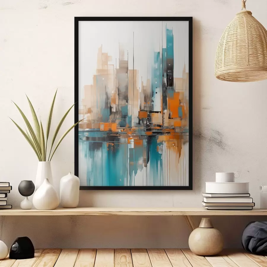 carta da parati Paesaggio urbano astratto con pennellate verticali arancioni, verde acqua e marroni e forme geometriche nr. f46266