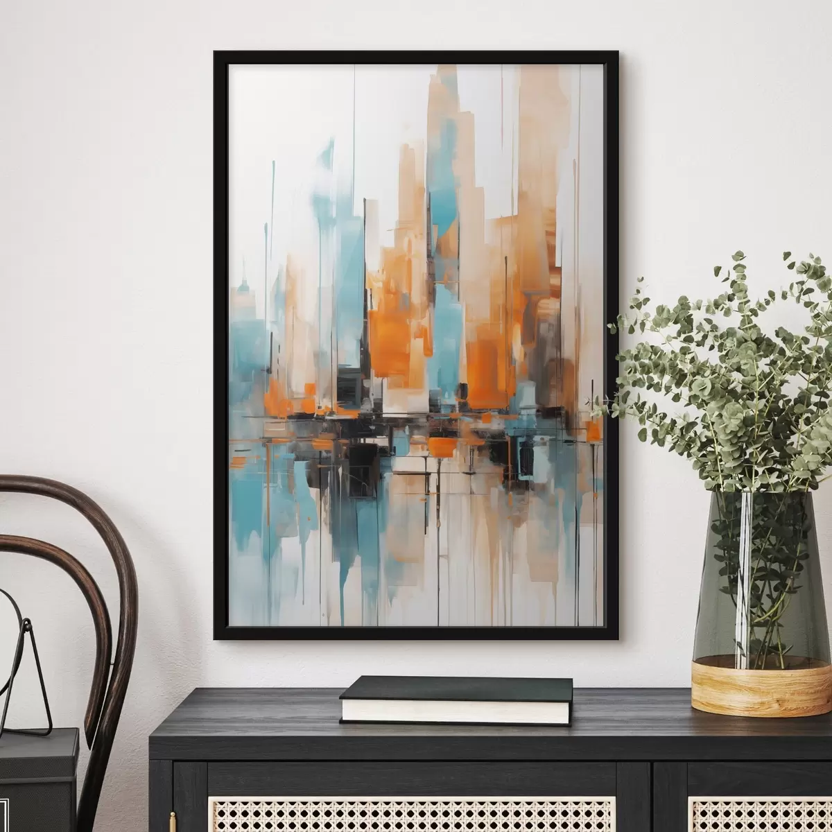 Poster Paesaggio urbano astratto con pennellate verticali nei toni dell'arancione, del blu e del bianco, stile pittorico f46267