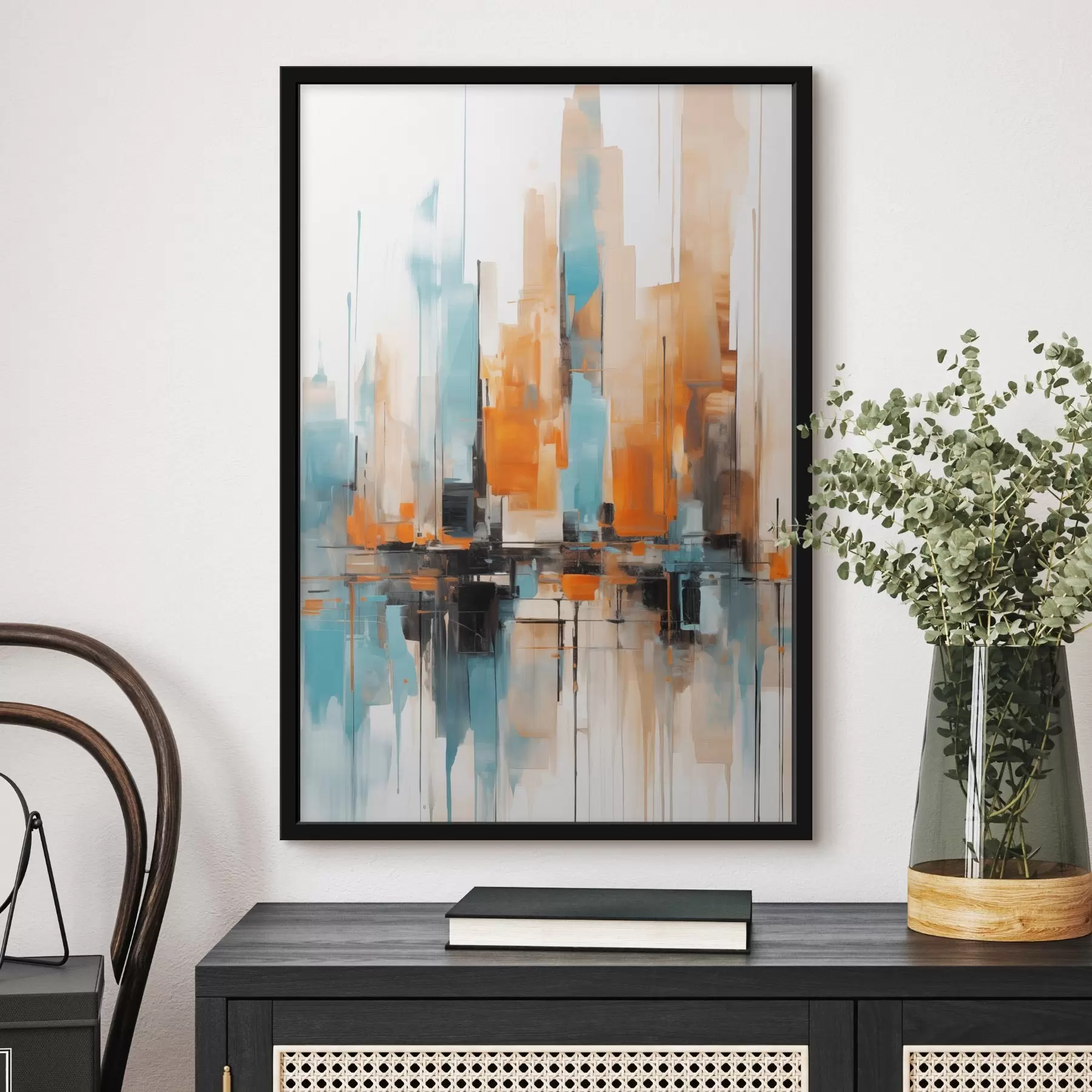 carta da parati Paesaggio urbano astratto con pennellate verticali nei toni dell'arancione, del blu e del bianco, stile pittorico nr. f46267