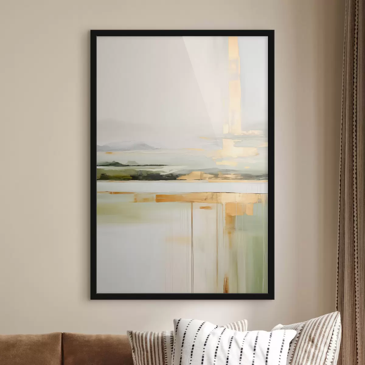 Poster Paesaggio astratto con accenti gialli, una composizione minimalista di terra, acqua e cielo, con colori tenui f46268
