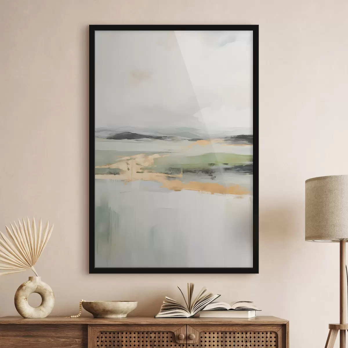 Poster Paesaggio astratto con accenti gialli, una composizione minimalista di terra, acqua e cielo, con colori tenui f46269