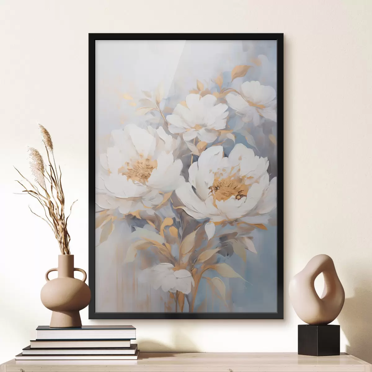 Poster Peonie bianche con centro e foglie blu, pennellate morbide, sfondo azzurro, composizione floreale f46270