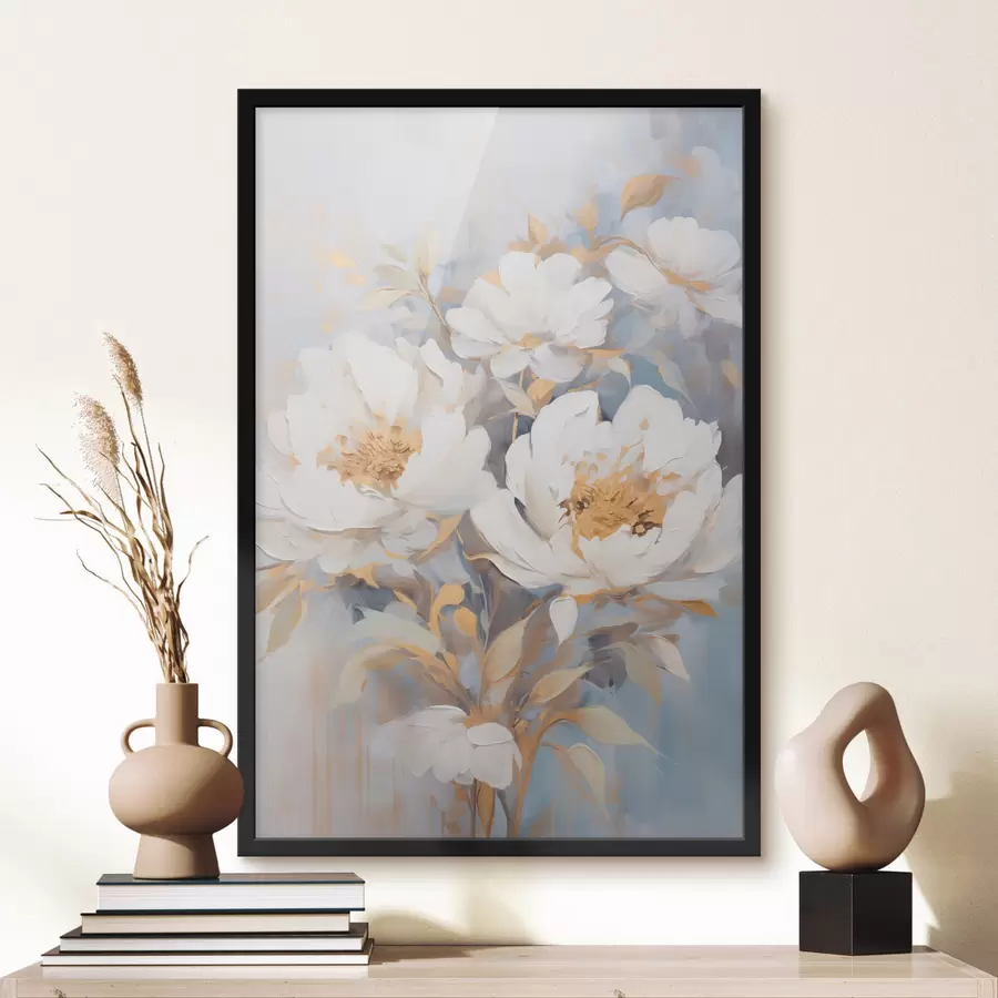 carta da parati Peonie bianche con centro e foglie blu, pennellate morbide, sfondo azzurro, composizione floreale nr. f46270