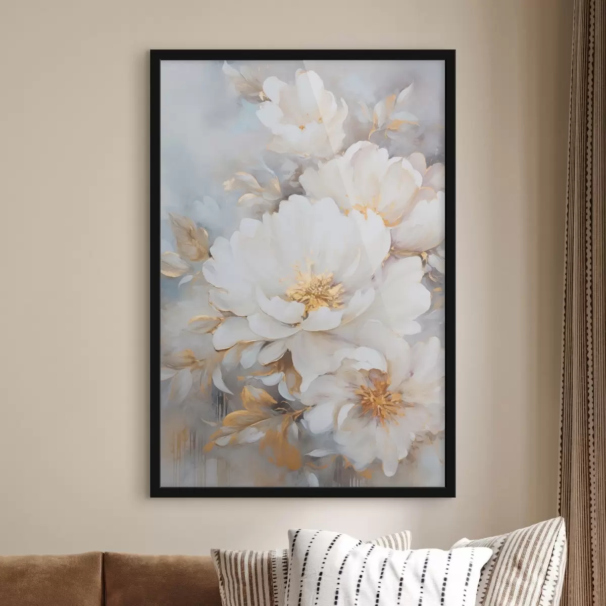 Poster Peonie bianche con centro e foglie blu, pennellate morbide, sfondo azzurro, composizione floreale f46271