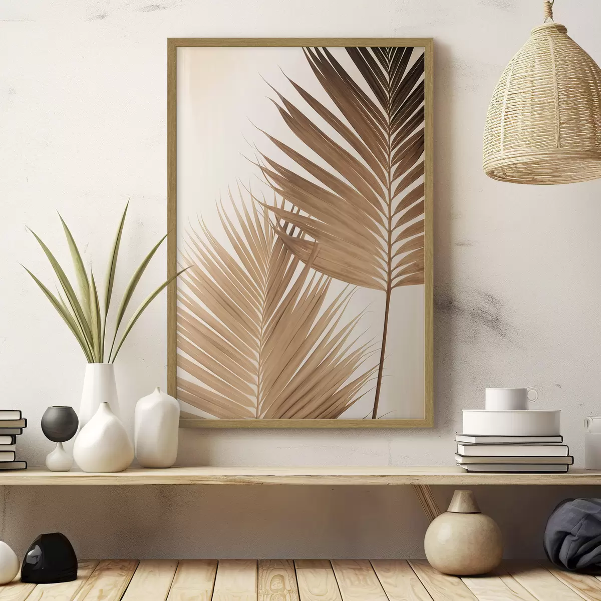 Poster Foglie di palma nei toni del marrone, sfondo neutro, stile minimalista, illuminazione naturale, atmosfera tropicale f46274