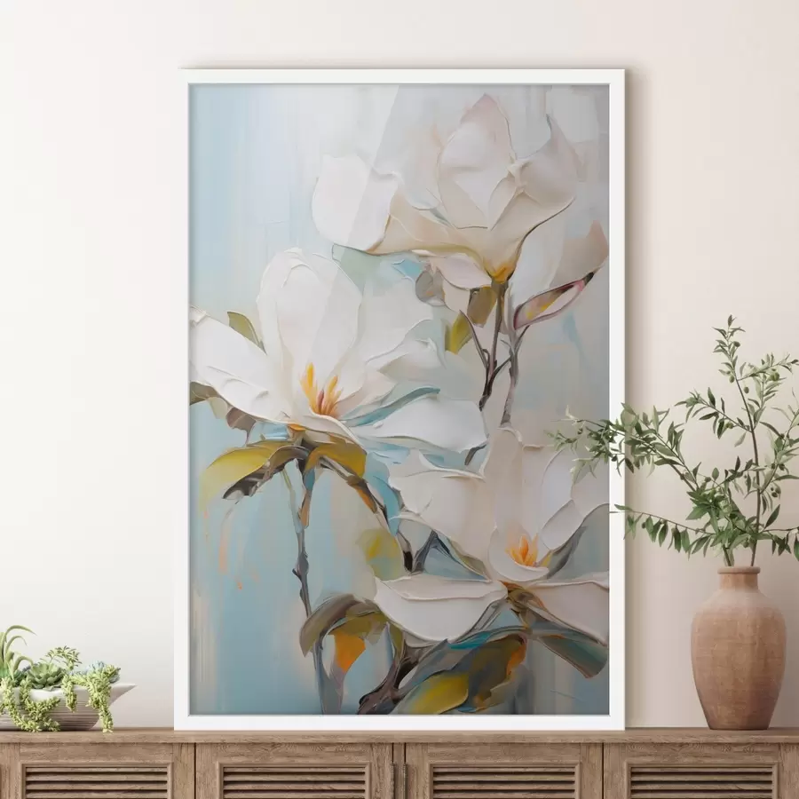 carta da parati Fiori di magnolia bianchi, sfondo azzurro con pennellate morbide, stile pittura a olio, texture impastata nr. f46276