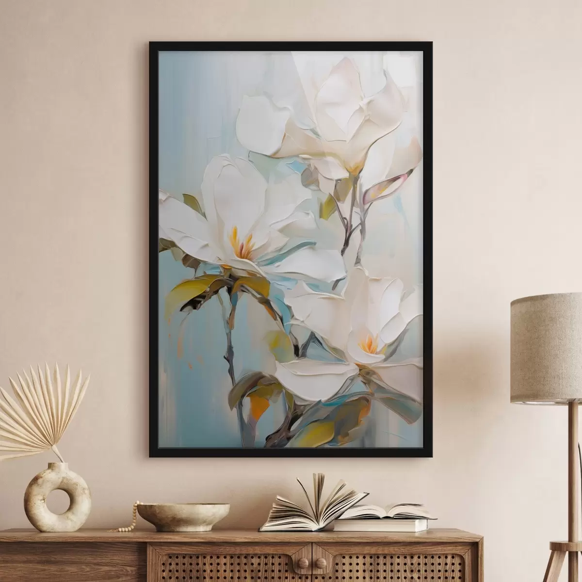 Poster Fiori di magnolia bianchi, sfondo azzurro con pennellate morbide, stile pittura a olio, texture impastata f46276