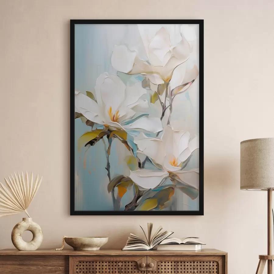 carta da parati Fiori di magnolia bianchi, sfondo azzurro con pennellate morbide, stile pittura a olio, texture impastata nr. f46276
