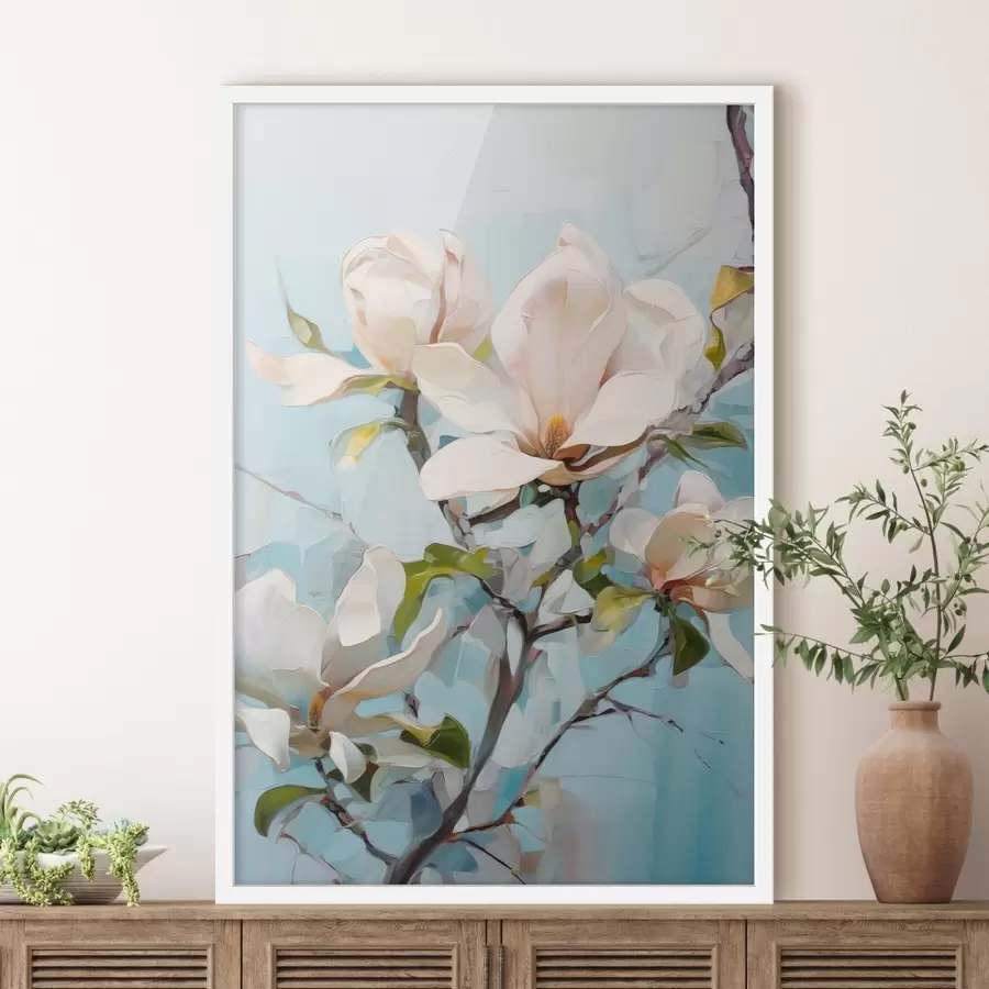 carta da parati Fiori di magnolia bianchi, sfondo azzurro con pennellate morbide, stile pittura a olio, texture impastata nr. f46277
