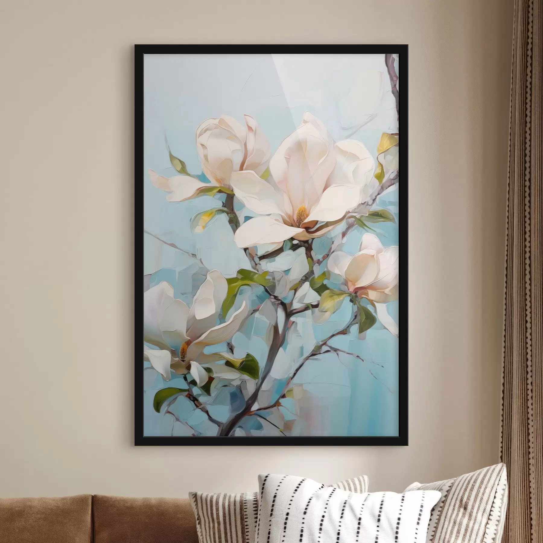 carta da parati Fiori di magnolia bianchi, sfondo azzurro con pennellate morbide, stile pittura a olio, texture impastata nr. f46277
