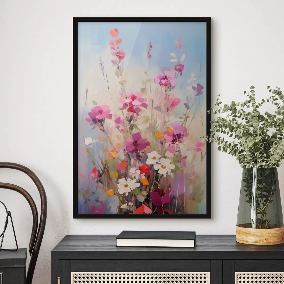 Poster Fiori dai vivaci colori rosa, bianco e verde su uno sfondo tenue dai toni pastello f46278