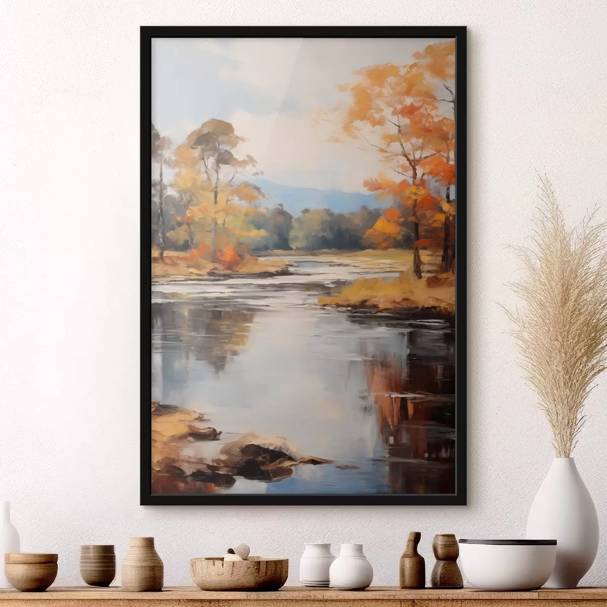 Poster Paesaggio con un fiume che scorre attraverso una foresta in autunno, alberi gialli e arancioni, stile pittorico f46281