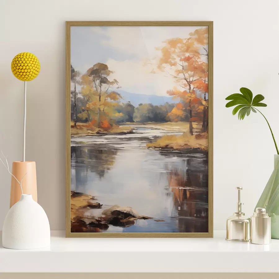 carta da parati Paesaggio con un fiume che scorre attraverso una foresta in autunno, alberi gialli e arancioni, stile pittorico nr. f46281