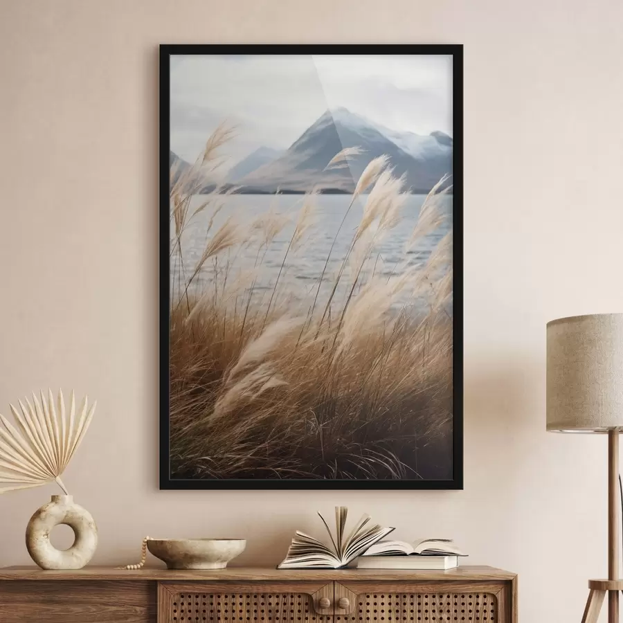 carta da parati Erba della Pampa con un lago e montagne sullo sfondo, illuminazione soffusa, colori tenui, stile naturalistico nr. f46283