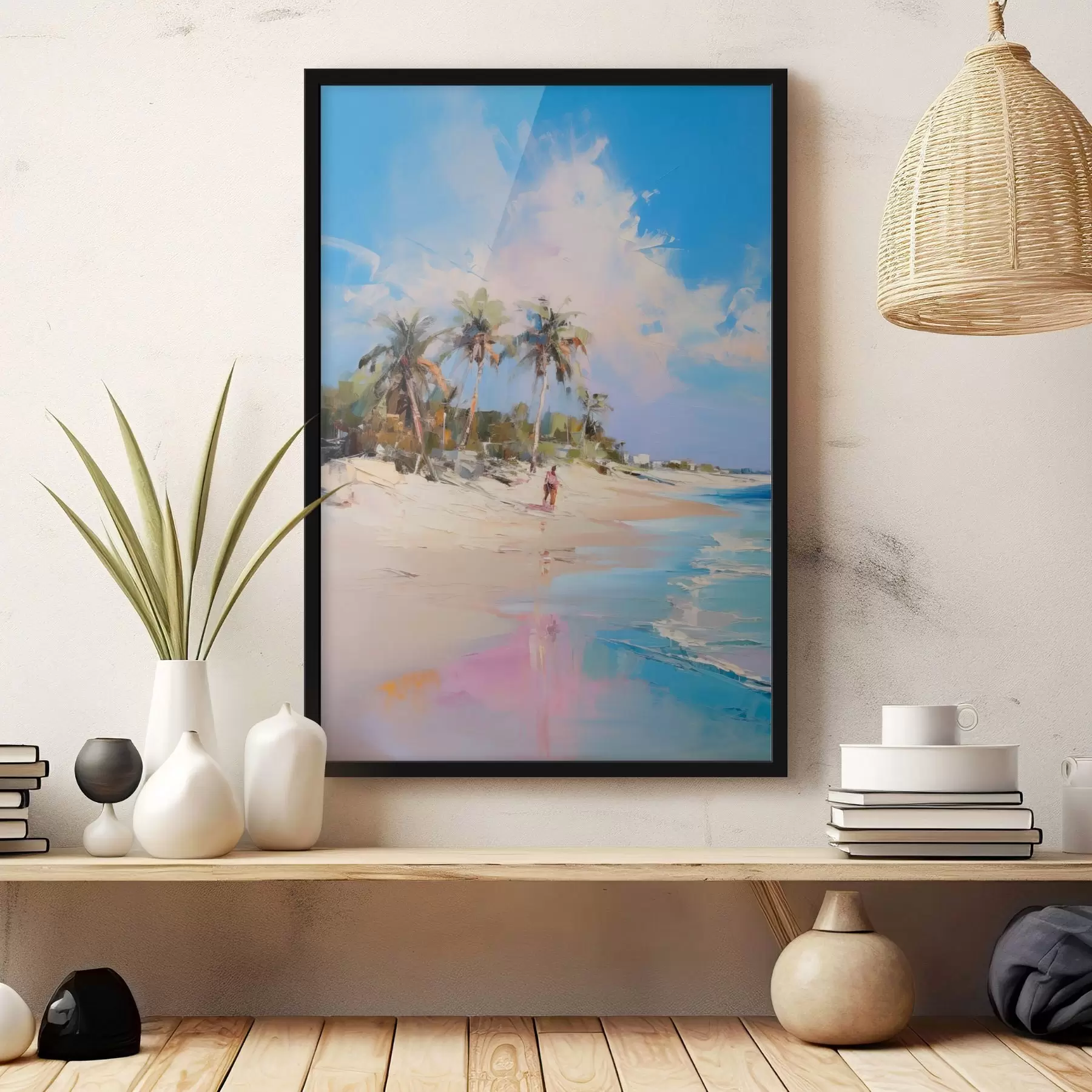 carta da parati Paesaggio astratto, una spiaggia con palme, una giornata di sole splendente con cielo azzurro e qualche nuvola nr. f46284