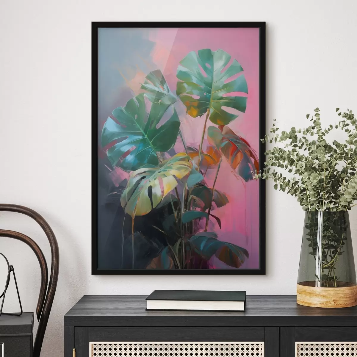 Poster Pianta astratta di monstera con foglie verde brillante, su uno sfondo di delicate tonalità rosa e viola f46286