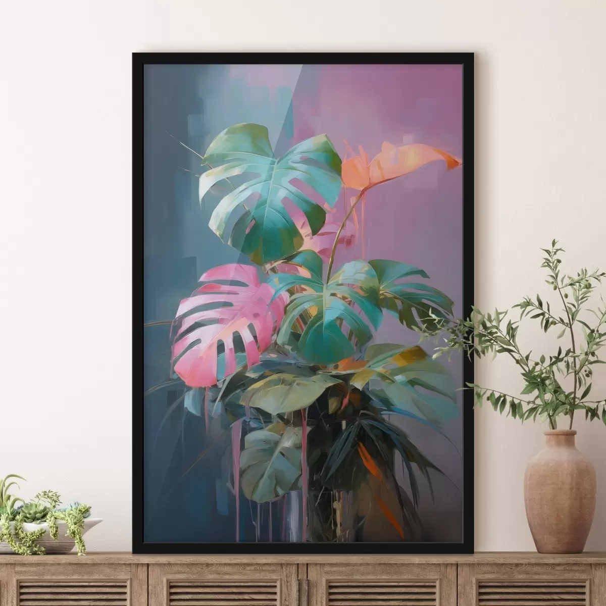 Poster Pianta astratta di monstera con foglie rosa e verdi, colori vivaci, su sfondo sfocato f46287
