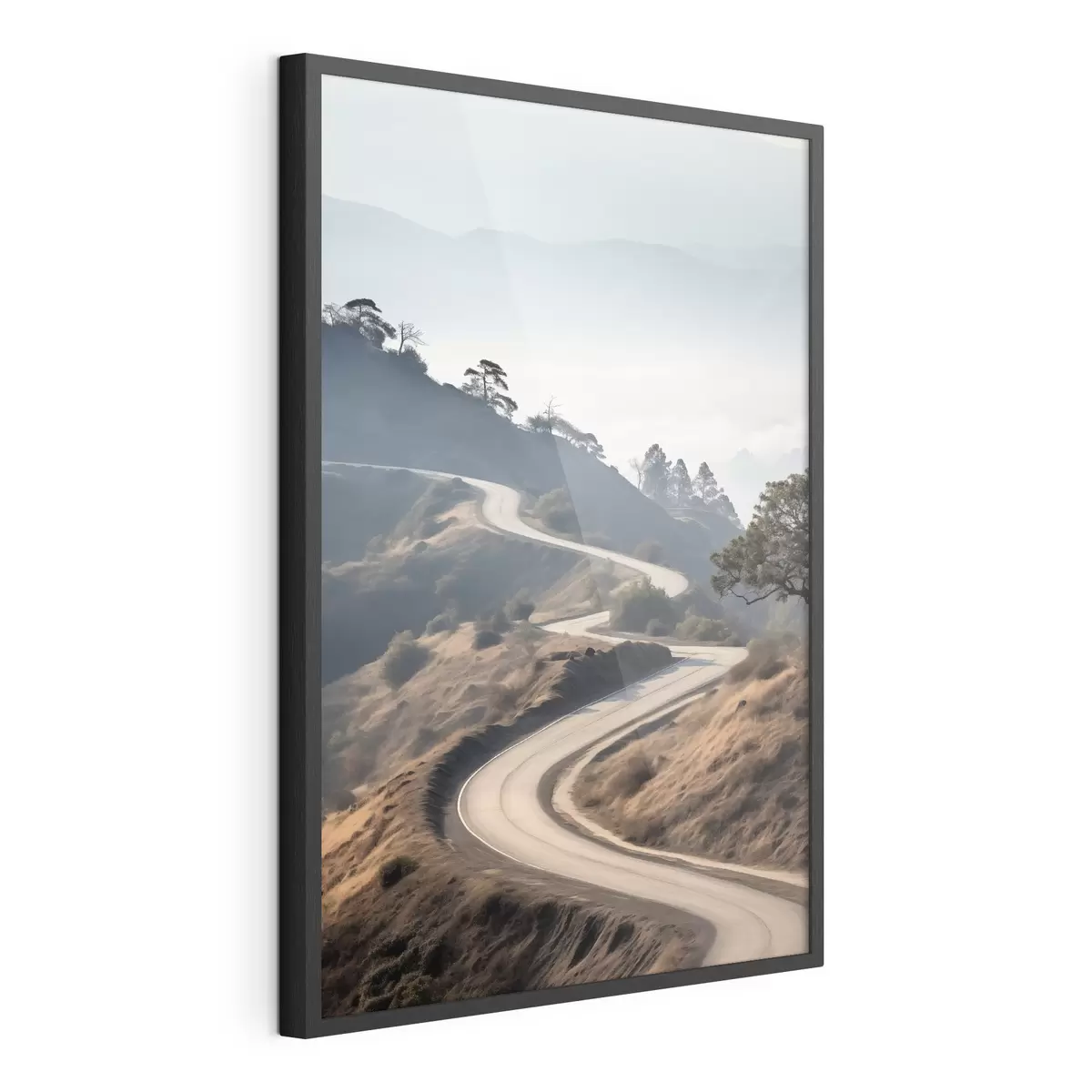 Poster Una strada tortuosa che attraversa un paesaggio collinare con erba secca sotto un cielo limpido e montagne in lontananza f46289