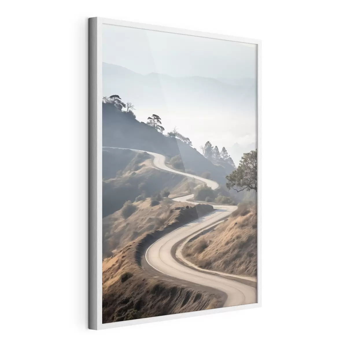 Poster Una strada tortuosa che attraversa un paesaggio collinare con erba secca sotto un cielo limpido e montagne in lontananza f46289