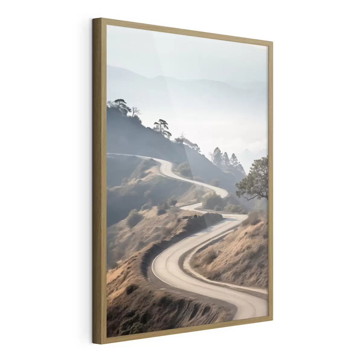 Poster Una strada tortuosa che attraversa un paesaggio collinare con erba secca sotto un cielo limpido e montagne in lontananza f46289